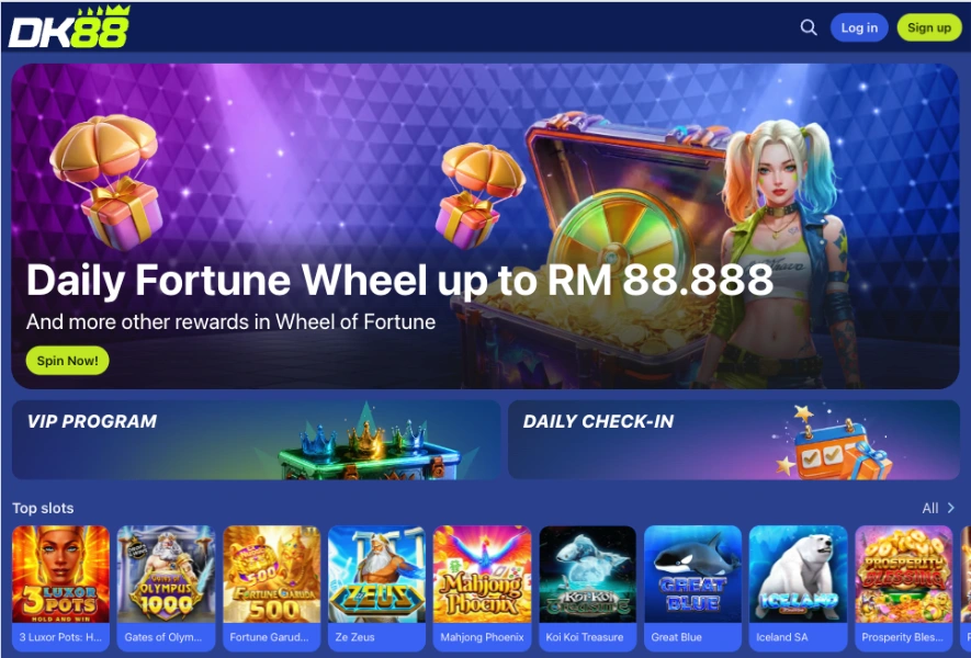 DK88 Daily Fortune Wheel banner offering rewards up to RM 88,888, shown above the VIP Program and Daily Check-In tiles