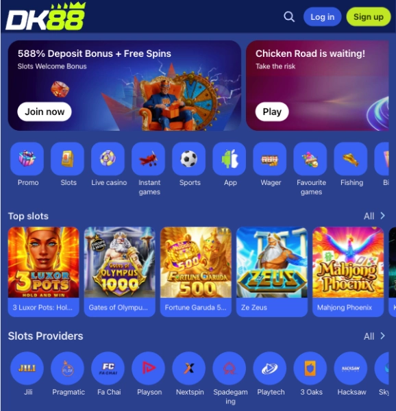 DK88 homepage providers carousel showing software studio logos featured on the casino lobby