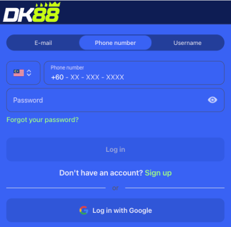 DK88 login screen with username and password fields and a Google sign-in shortcut