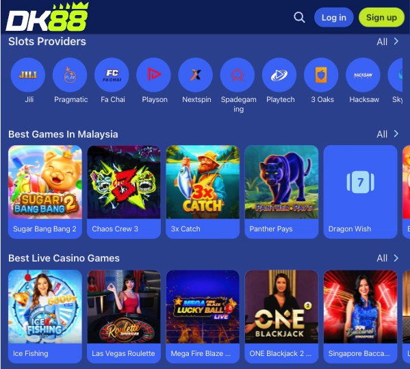 Skrin pilihan slot dan kasino langsung DK88 yang kelihatan sebaik log masuk berjaya