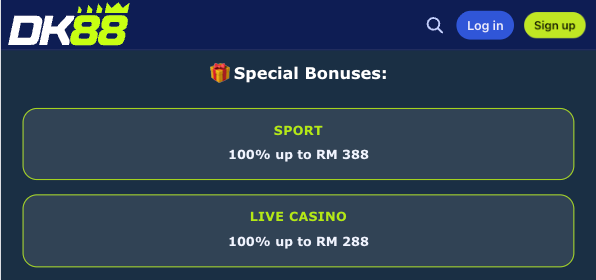 DK88 special bonuses screen listing additional promotional offers beyond the welcome pack, including sport and live casino bonus tiles