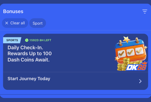 DK88 sport bonus tile showing the sports match offer available before a qualifying deposit