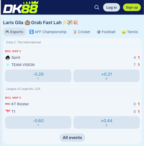 Skrin pertaruhan sukan DK88 memaparkan senarai acara sukan yang tersedia untuk pertaruhan